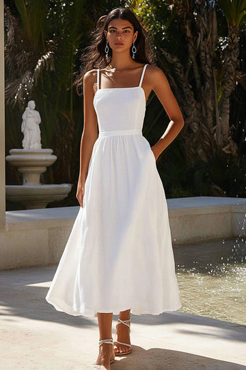 Elegant White Spaghetti Straps A Line Graduation Dress